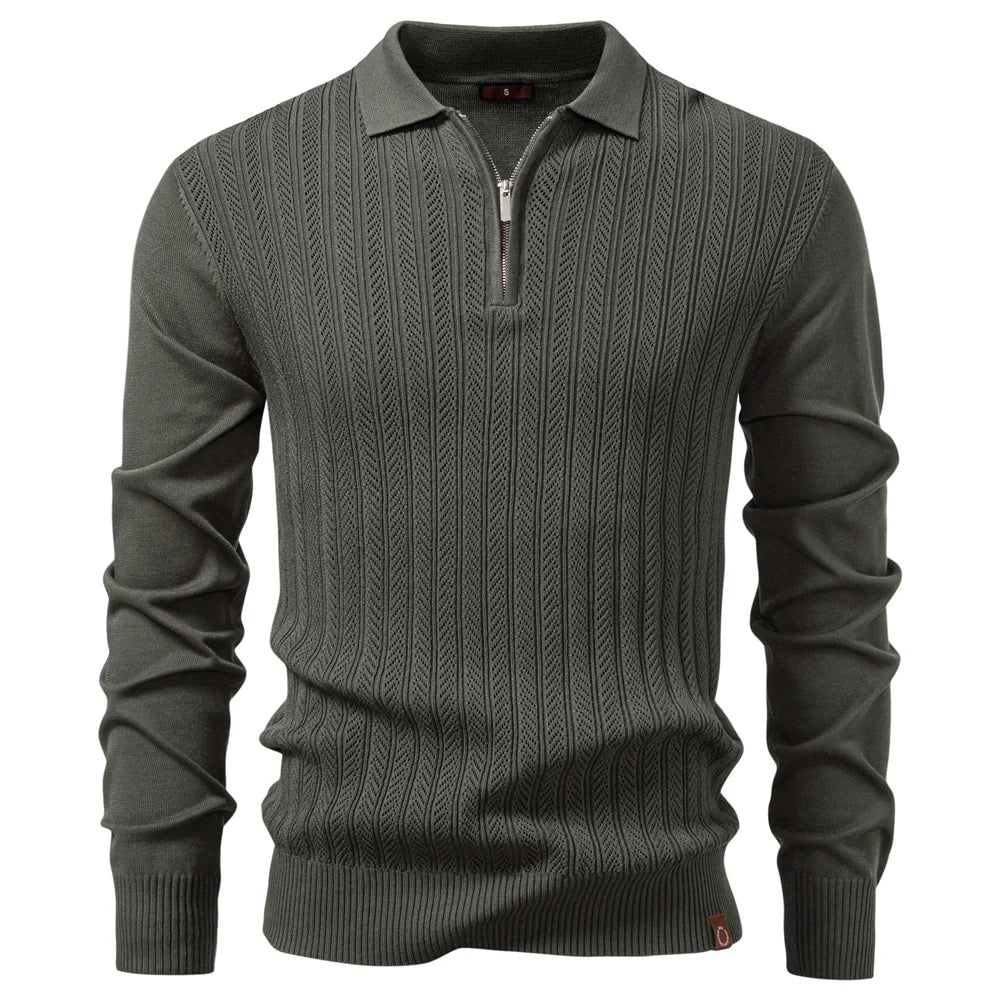 VALCERO® Zip Placket Cable Knit Slim Polo Shirt
