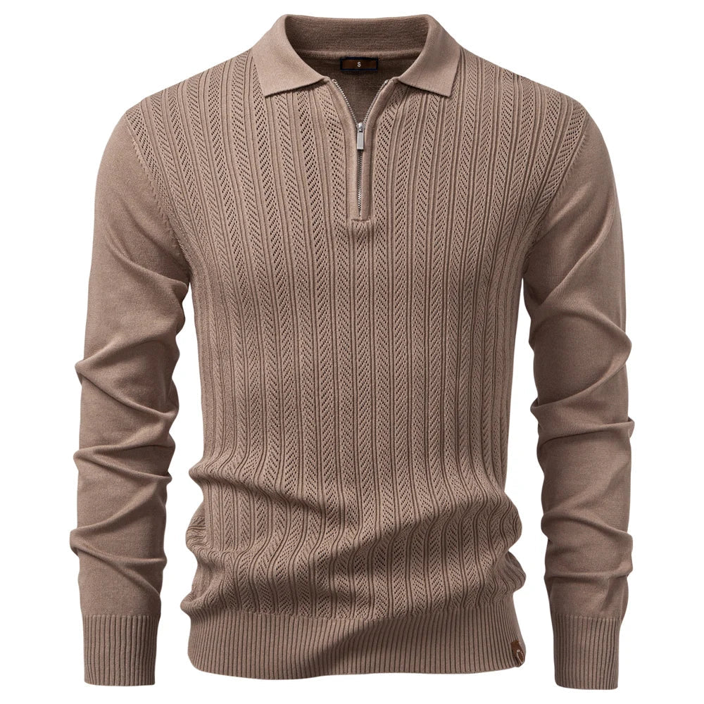 VALCERO® Zip Placket Cable Knit Slim Polo Shirt