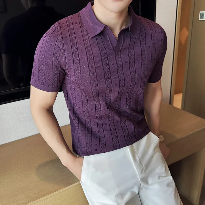 SALISBURY® 2026 Men's Striped Jacquard Knit Polo Shirt with V-Neck