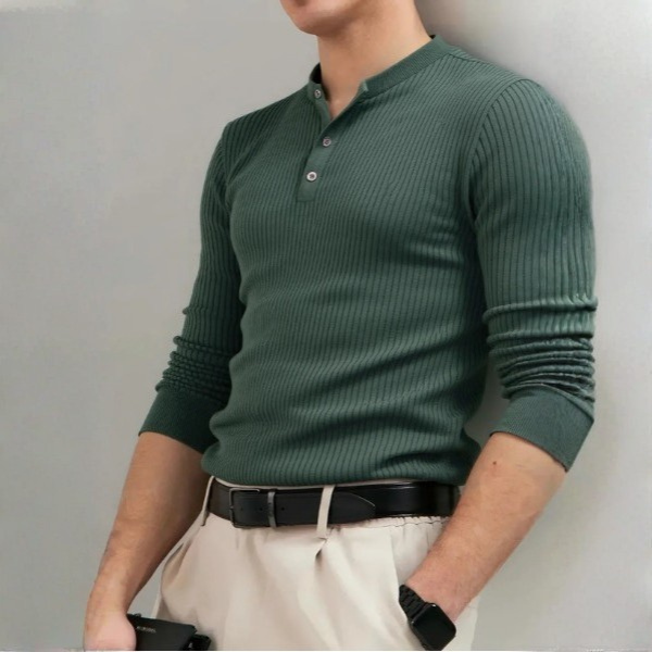 VINCELLI® Ribbed Button Placket Long Sleeve Polo