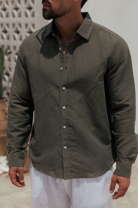 LUXE LINEN SHIRT - DARK OLIVE