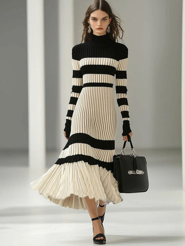 【24-hour shipping out】Fashion Loose Retro Black and White Striped Knitted Turtleneck Midi Dress
