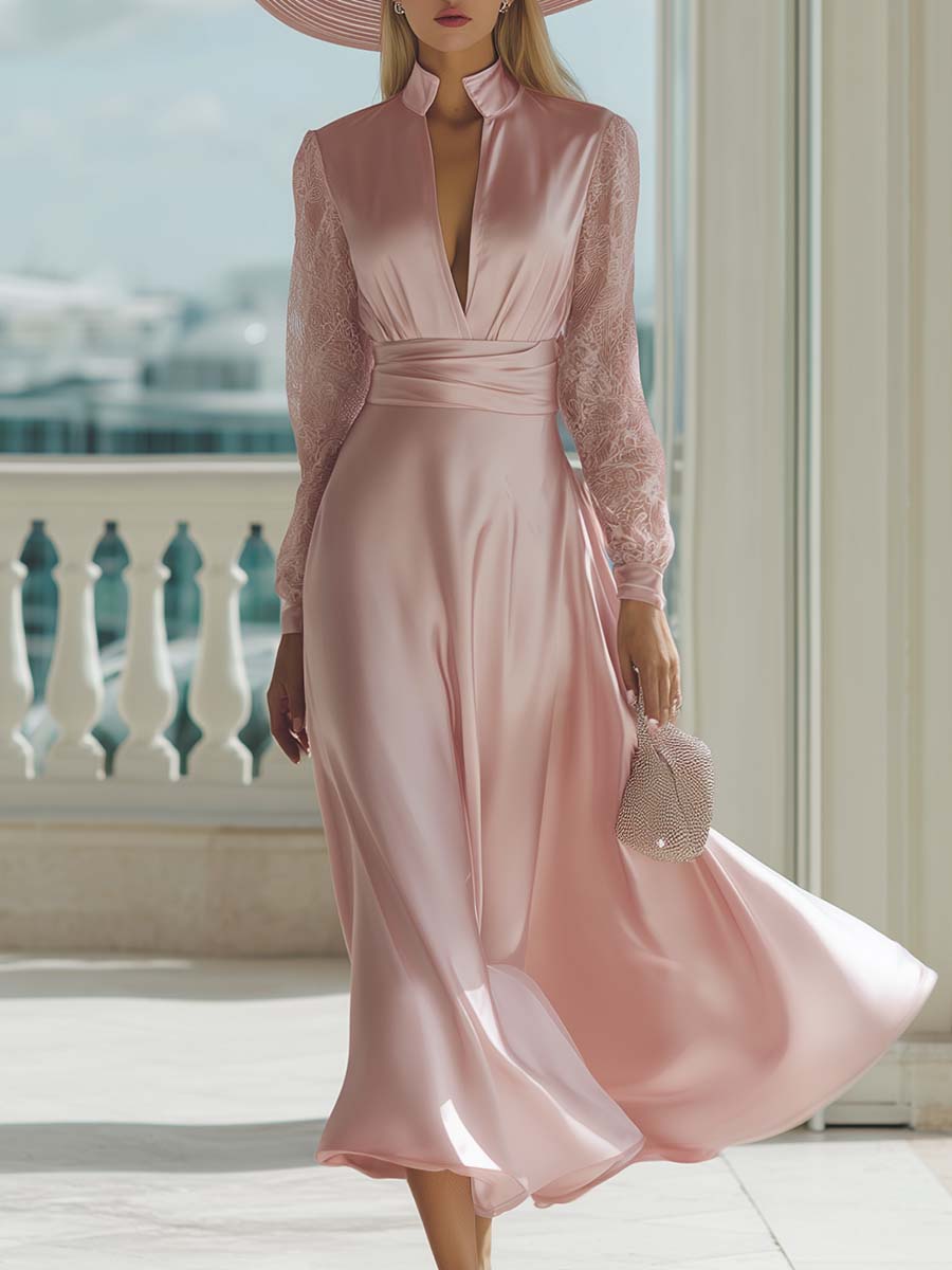 Elegant Retro V-neck Lace Long-sleeved Light Pink Satin Maxi Dress