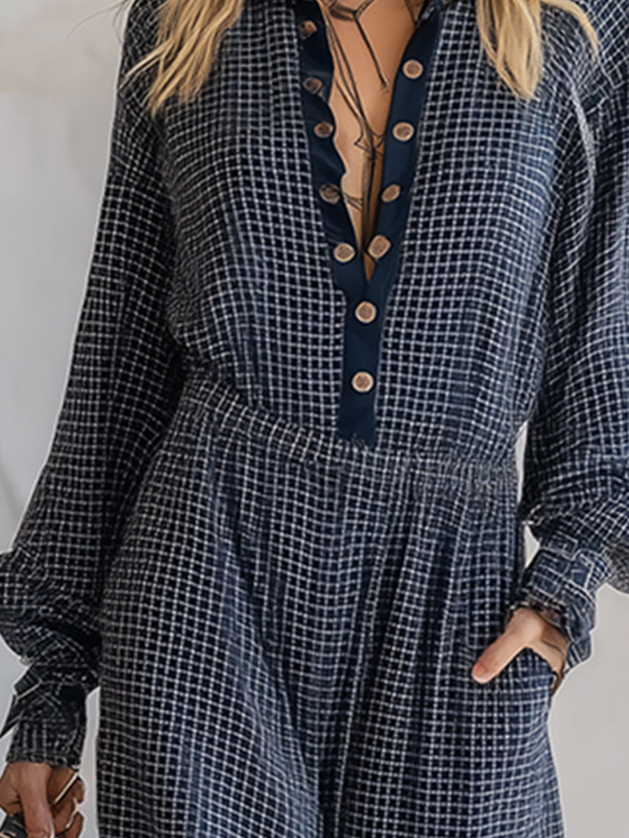 Casual And Stylish Navy Blue Checkered Long-sleeved Wide-leg Jumpsuit