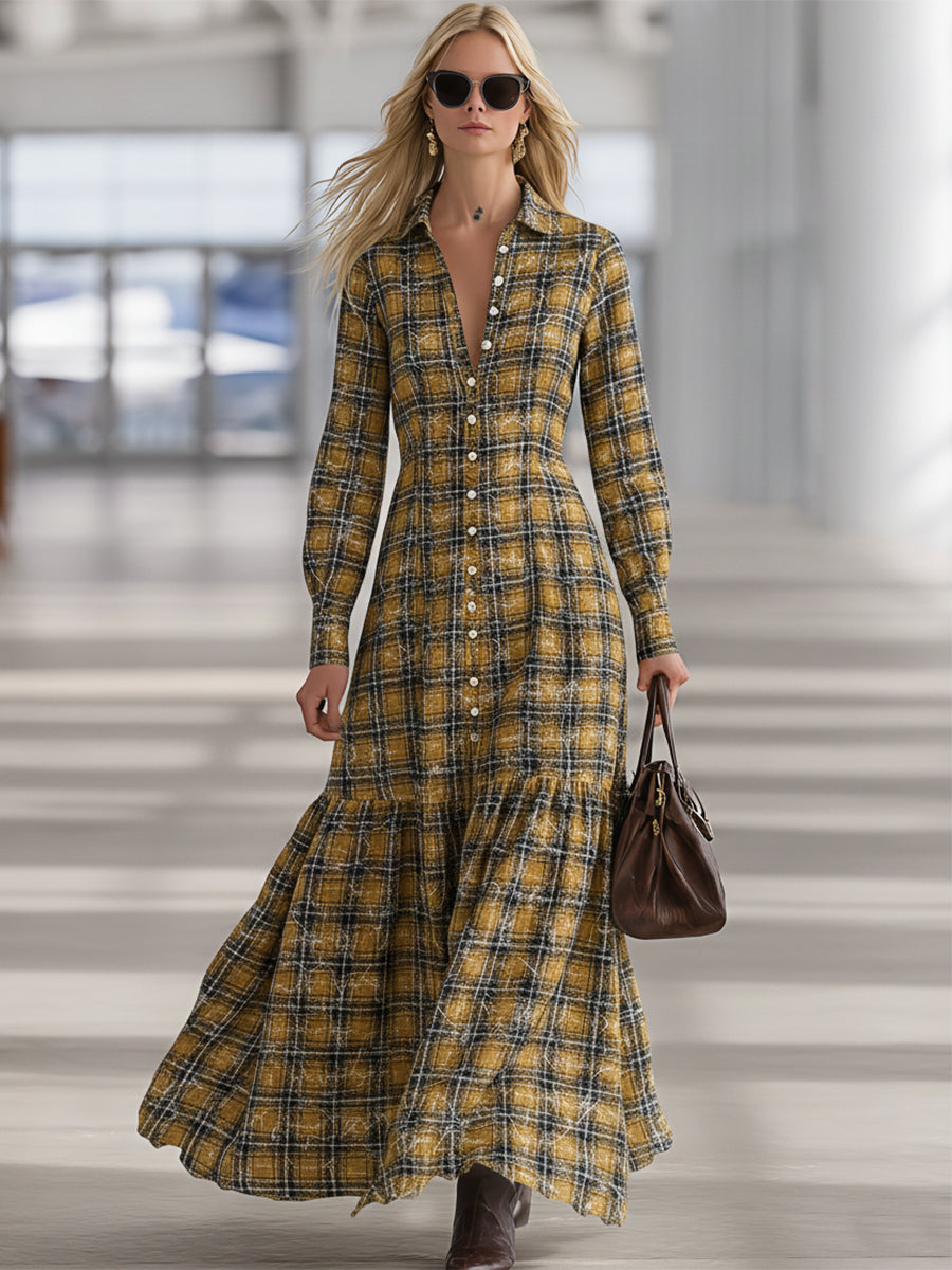 Casual And Stylish White Button-down Yellow And Black Plaid Maxi Dress