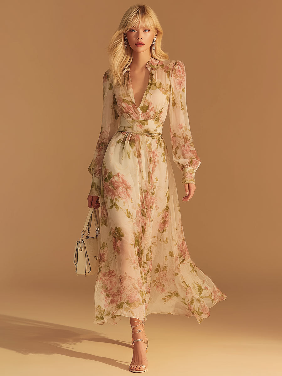 Elegant And Flowing V-neck Red Printed White Chiffon Midi Dress