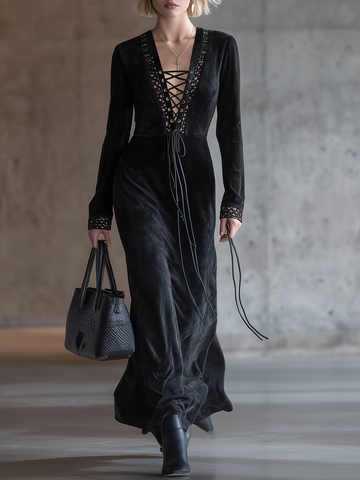 Chic Western-style Lace-up Black Faux Suede Maxi Dress