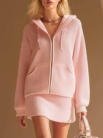 Casual Sporty Pink Hooded Zip-up Waffle-knit Top And Skirt Set