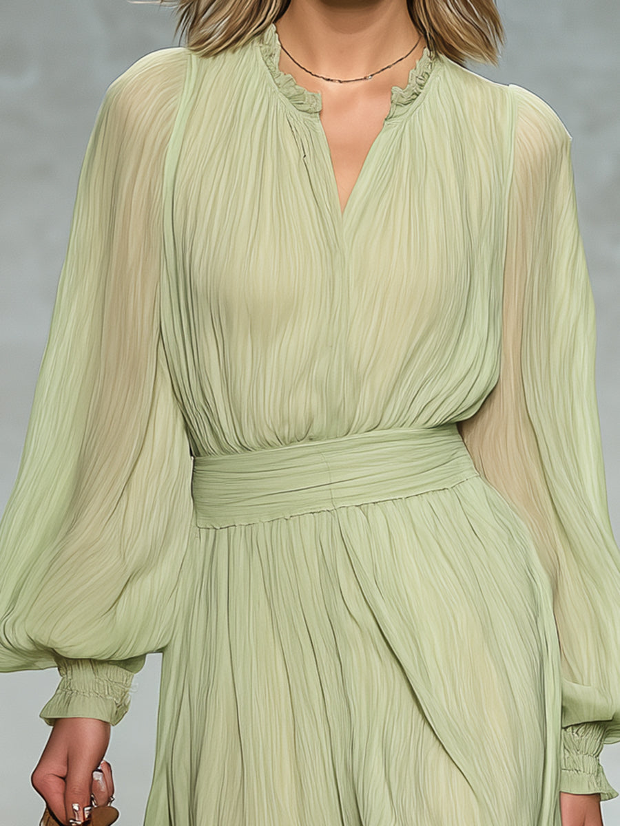 Elegant Green Chiffon With Ruffled Trim And Pleats Midi Dress