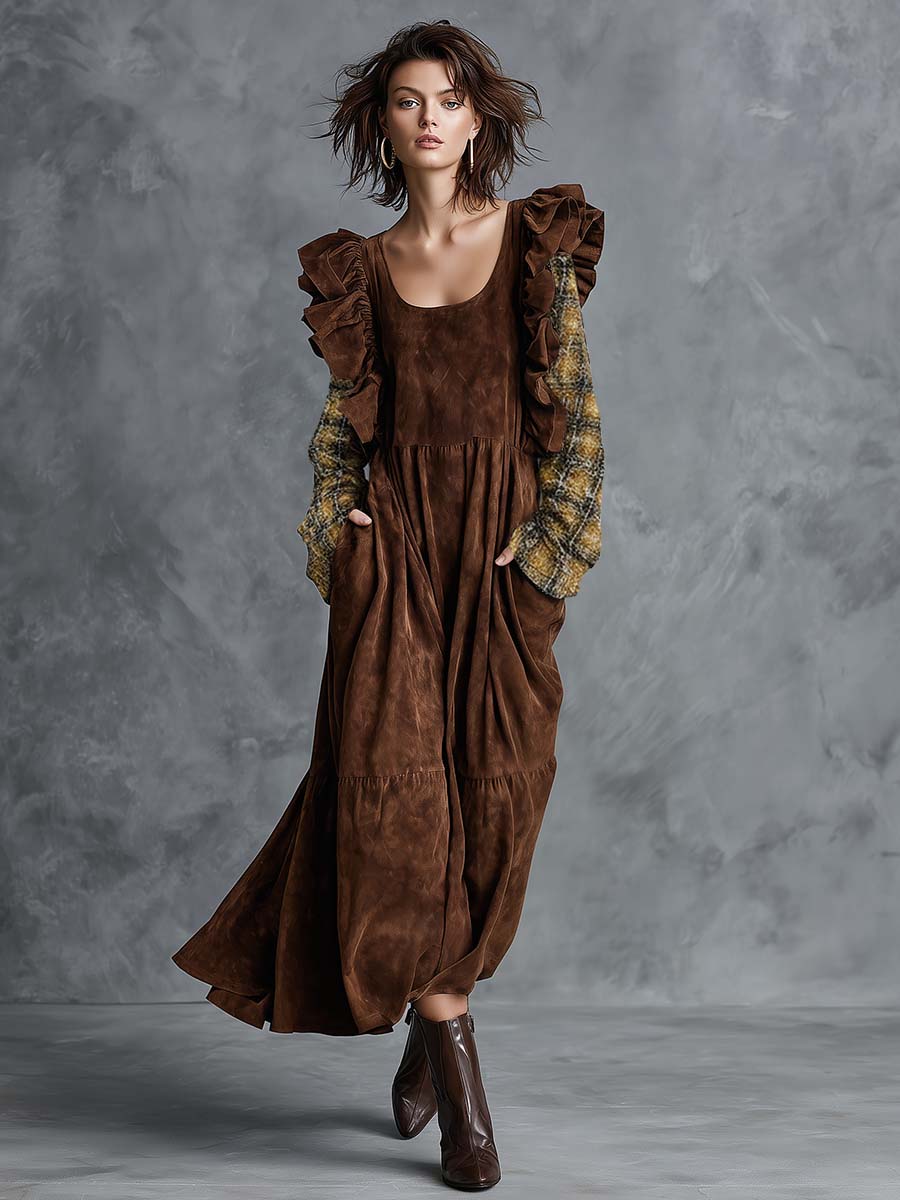 Elegant Vintage Bubble Hem Distressed Plaid Sleeves Brown Suede Midi Dress
