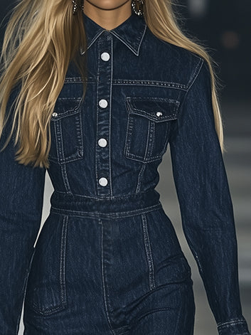 【24-hour shipping out】Casual Slim Fit Vintage Lace-up Long Sleeve Denim Maxi Dress