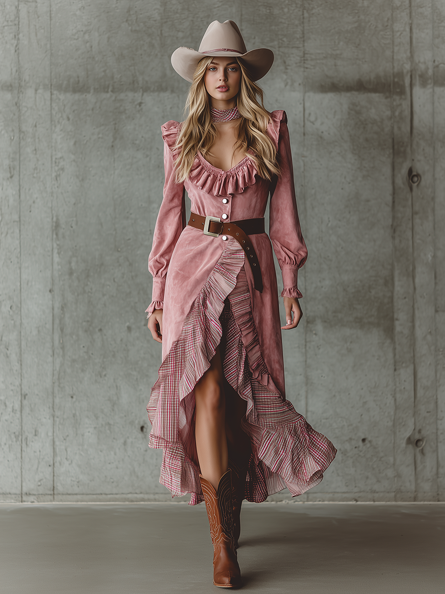 Western-style Ruffled Hem And Floral Print Pink Faux Suede Maxi Dress