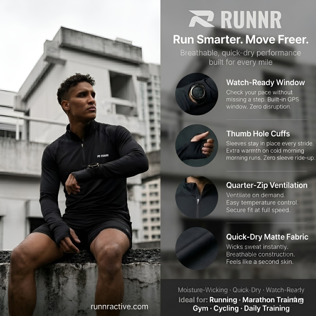 RUNNR Quarter-Zip Long Sleeve — Breathable, Quick-Dry & Watch-Ready