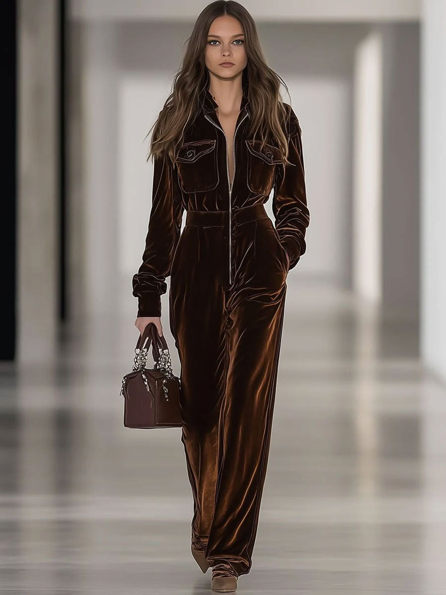 【24-hour shipping out】Casual Loose Vintage Velvet Multi-Pocket Zipper Long Sleeve Jumpsuit