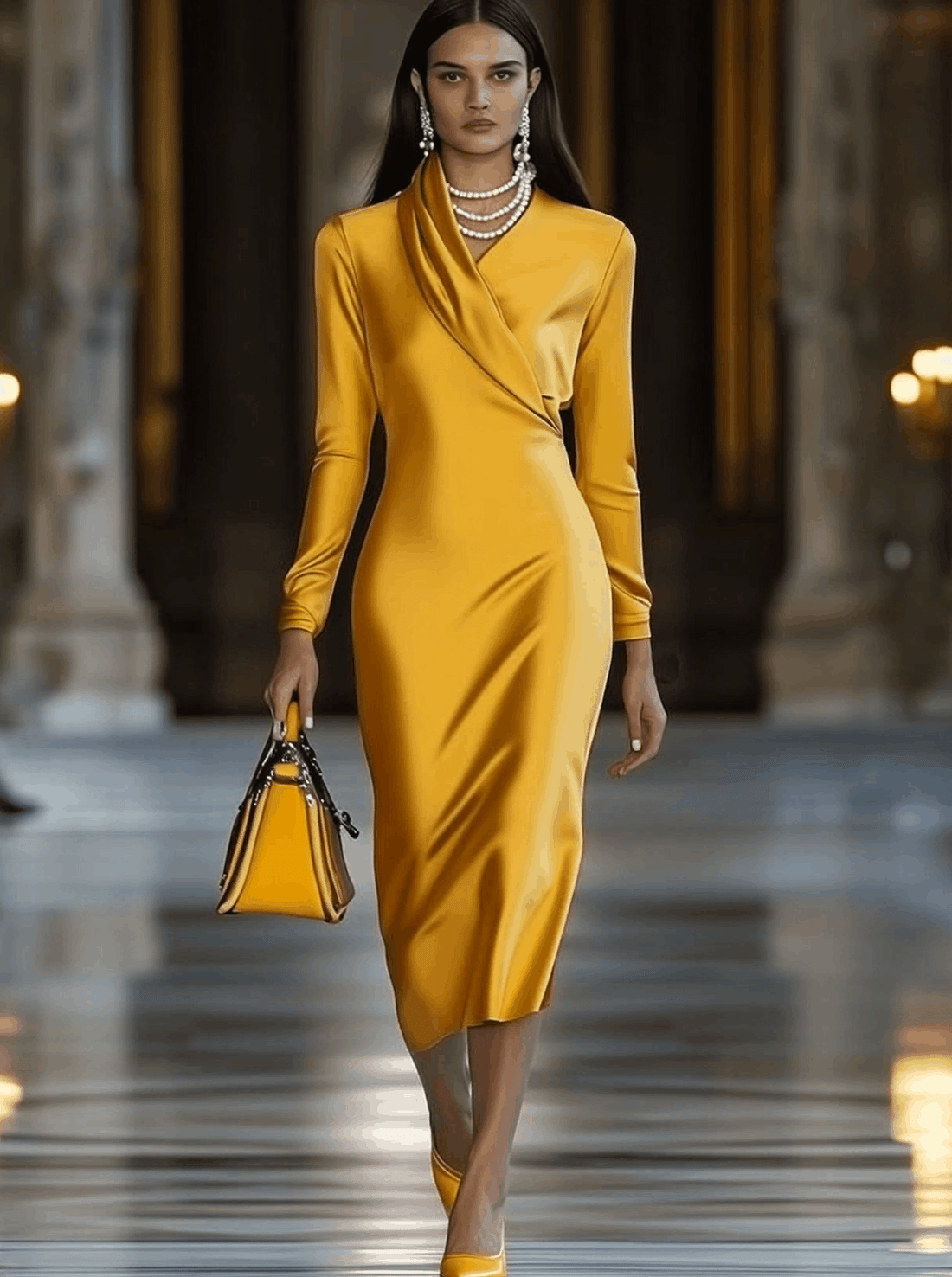 【24-hour shipping out】Fashion Vintage Gold Satin Long Sleeve Midi Dress