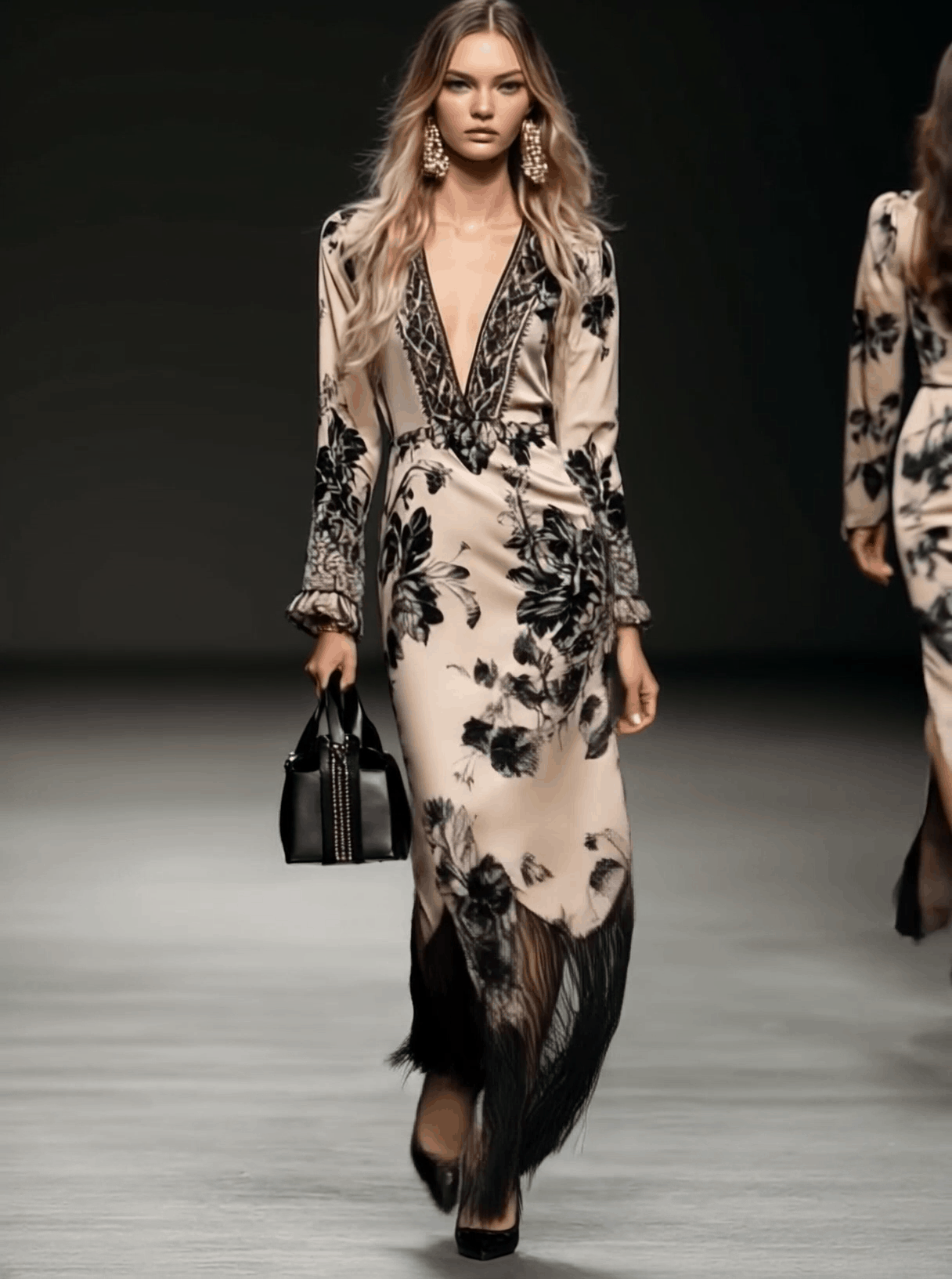 Elegant Bohemian Style V-neck Tassel Floral Print Beige Satin Maxi Dress