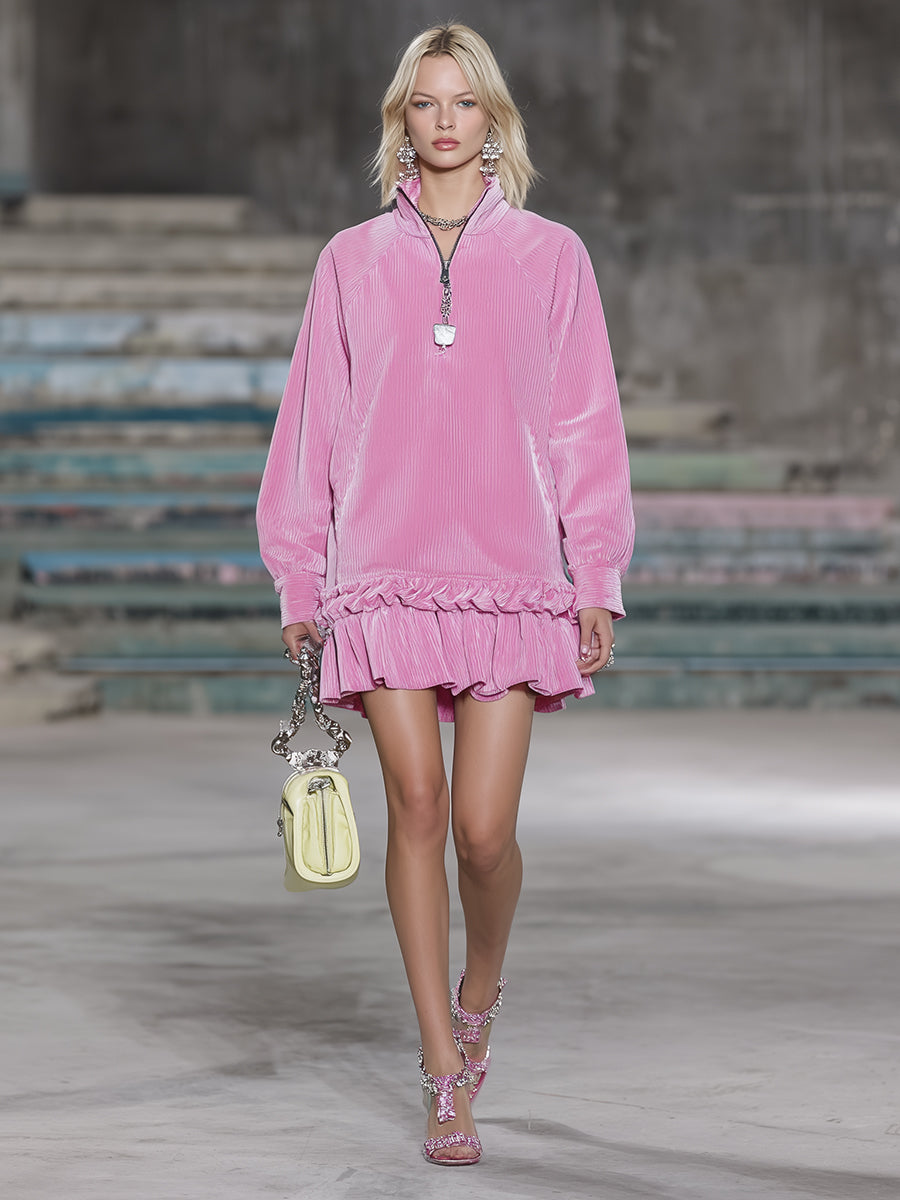 Western Pink Corduroy Zip-up Ruffle Mini Dress