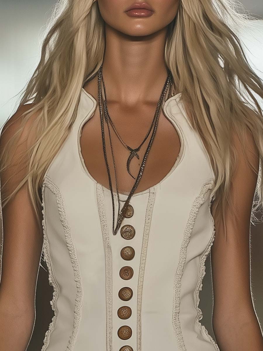 【24-hour shipping out】Elegant Western Chic Round Neck White Tassel Mini Dress