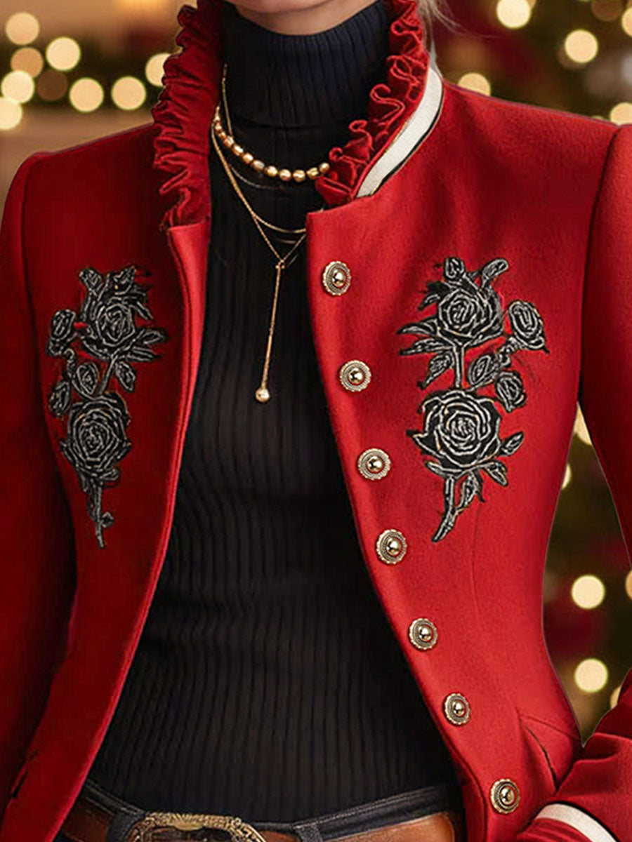 Ruffled Stand-up Collar Single-breasted Rose Embroidered Woolen Jacket
