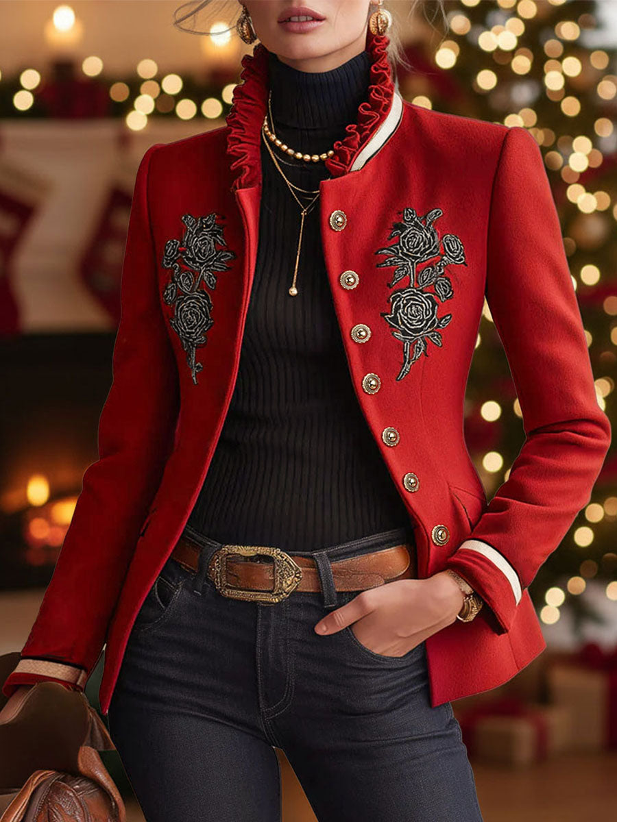 Ruffled Stand-up Collar Single-breasted Rose Embroidered Woolen Jacket