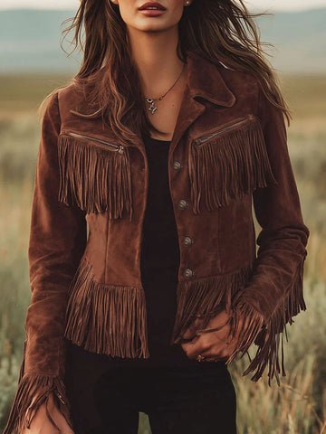 Western-style Brown Suede Tassel Zip-up Jacket