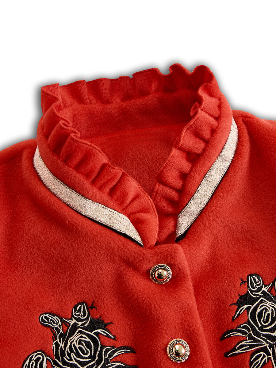 Ruffled Stand-up Collar Single-breasted Rose Embroidered Woolen Jacket