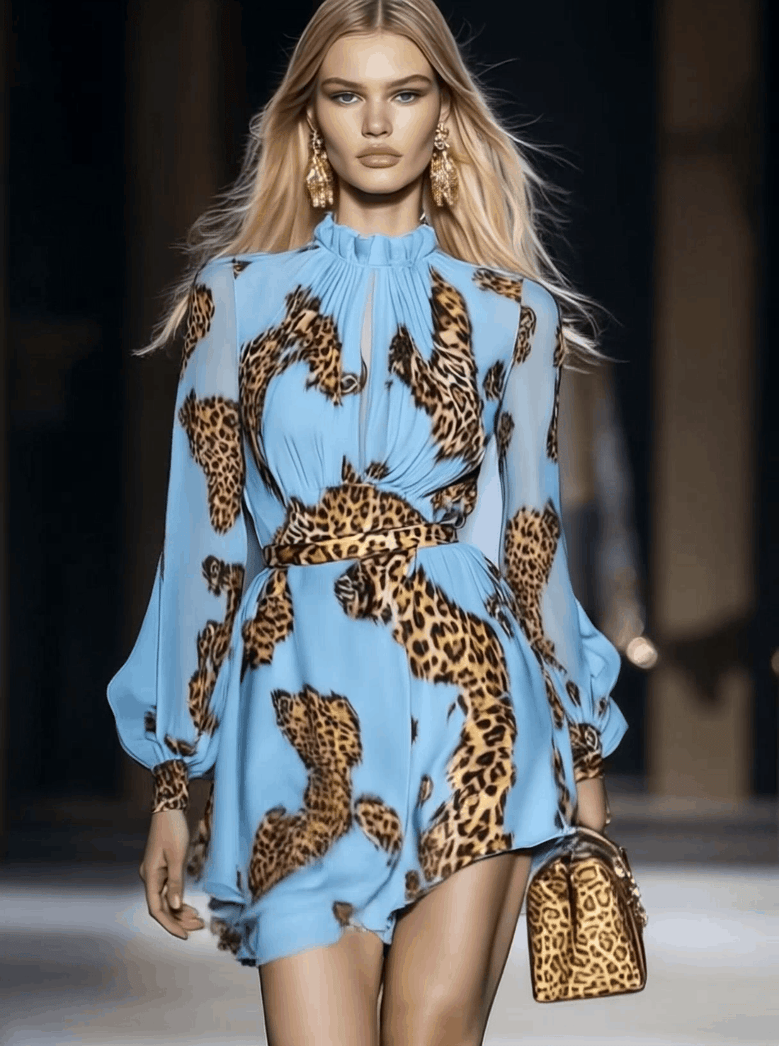 Elegant Personality Leopard Print Sky Blue Chiffon Mini Dress