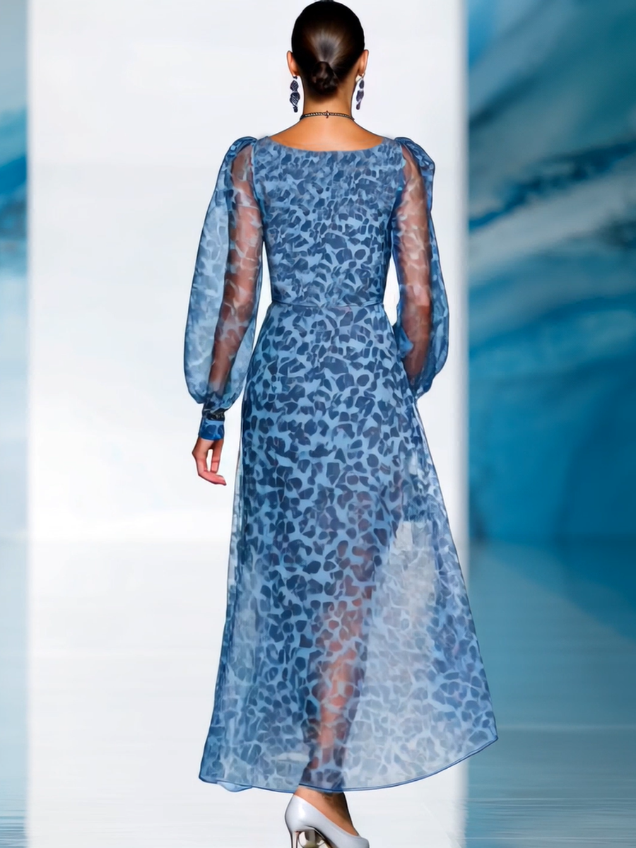 【24-hour shipping out】Elegant And Fashionable Chiffon Blue Leopard Print Long Sleeve V-neck Flowing Maxi Dress