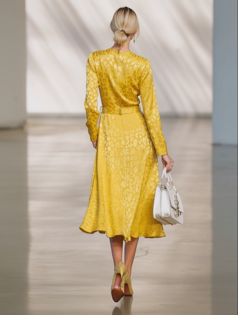 Elegant Yellow Leopard Print Round Neck With Belt Midi Dress