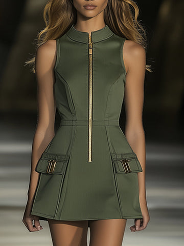 【24-hour shipping out】Casual Fashion Half Zip Cargo Pocket Sleeveless Mini Dress