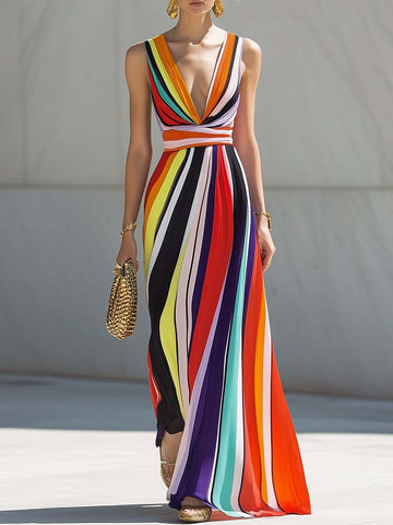 【24-hour shipping out】Elegant Flowing V-neck Rainbow Stripe Print Chiffon Maxi Dress
