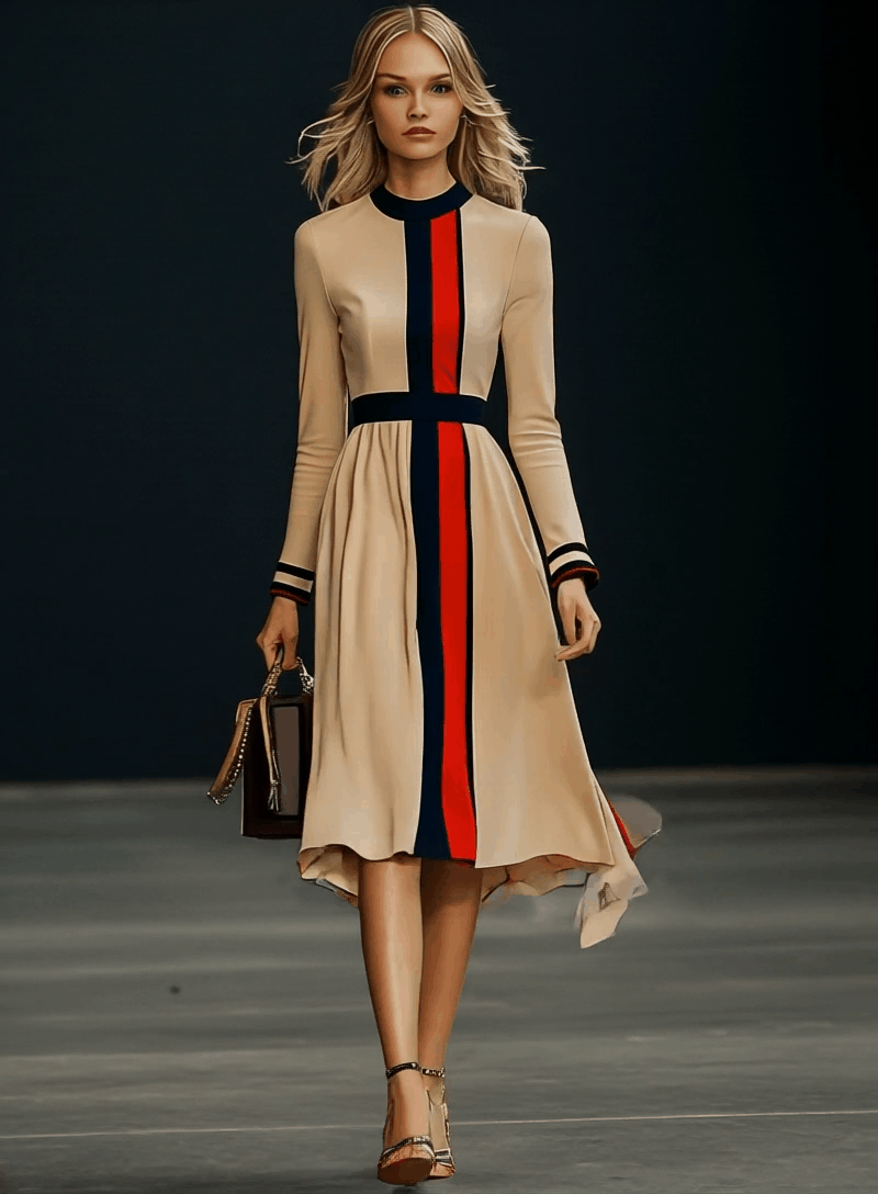 【24-hour shipping out】Elegant Colorblock Long Sleeve Midi Dress
