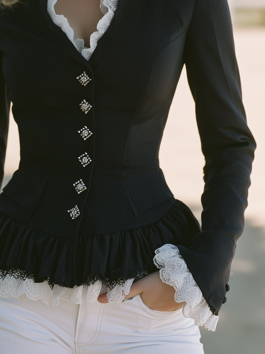 Elegant Black Cotton And Linen Blend Long  With Lace Detailing Coat