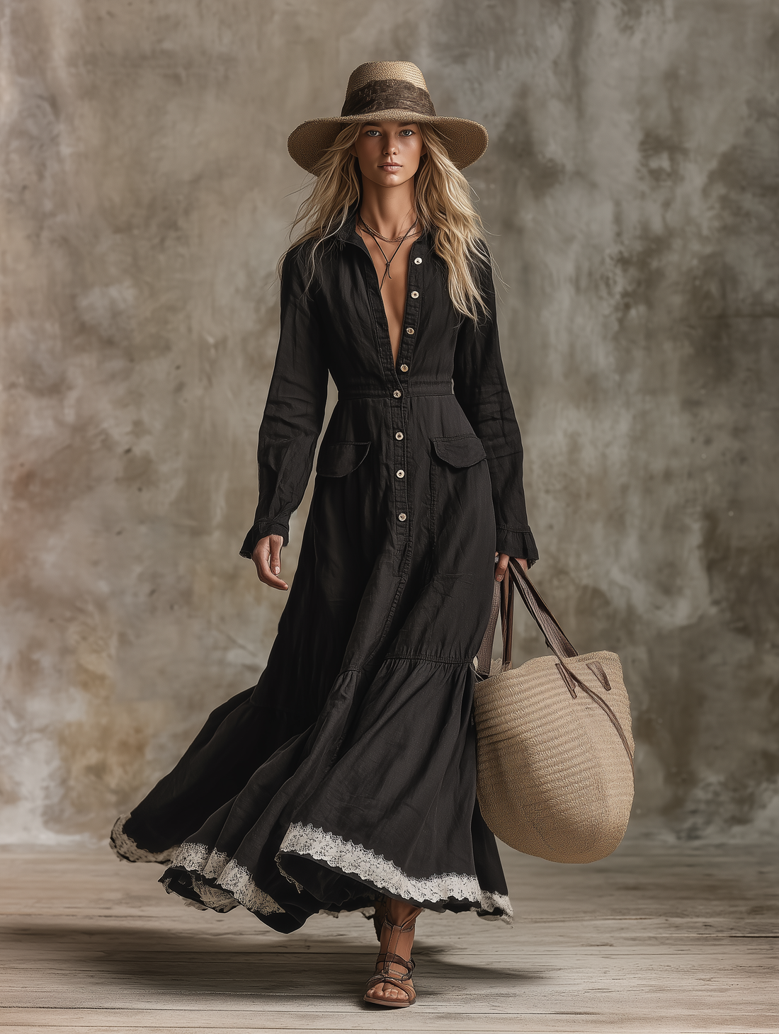 Western-style Black Linen  With Button Closure And Lace Detailing Maxi Dress