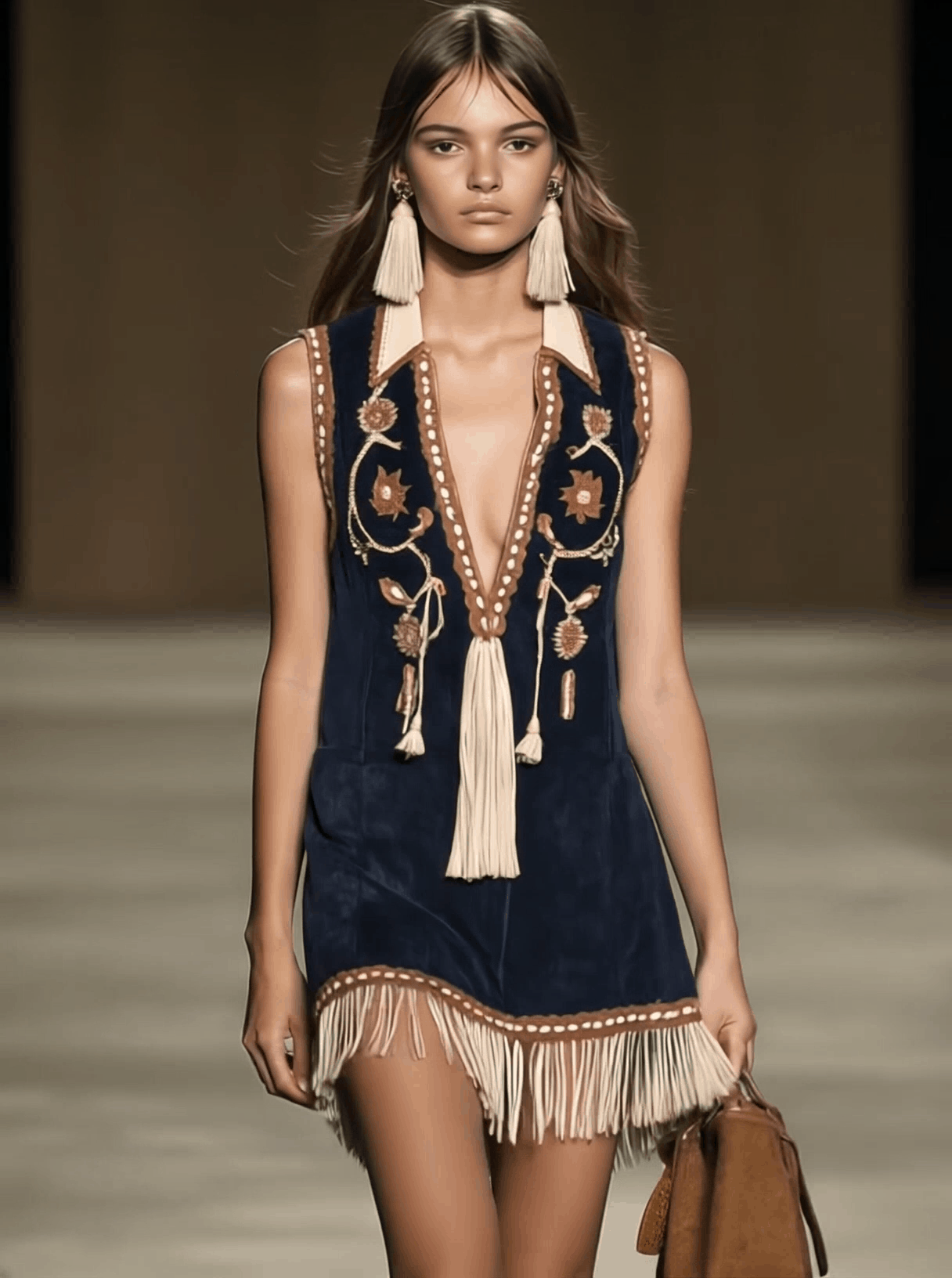【24-hour shipping out】Casual Loose Vintage Suede Bohemian Embroidered Tassel Sleeveless Mini Dress