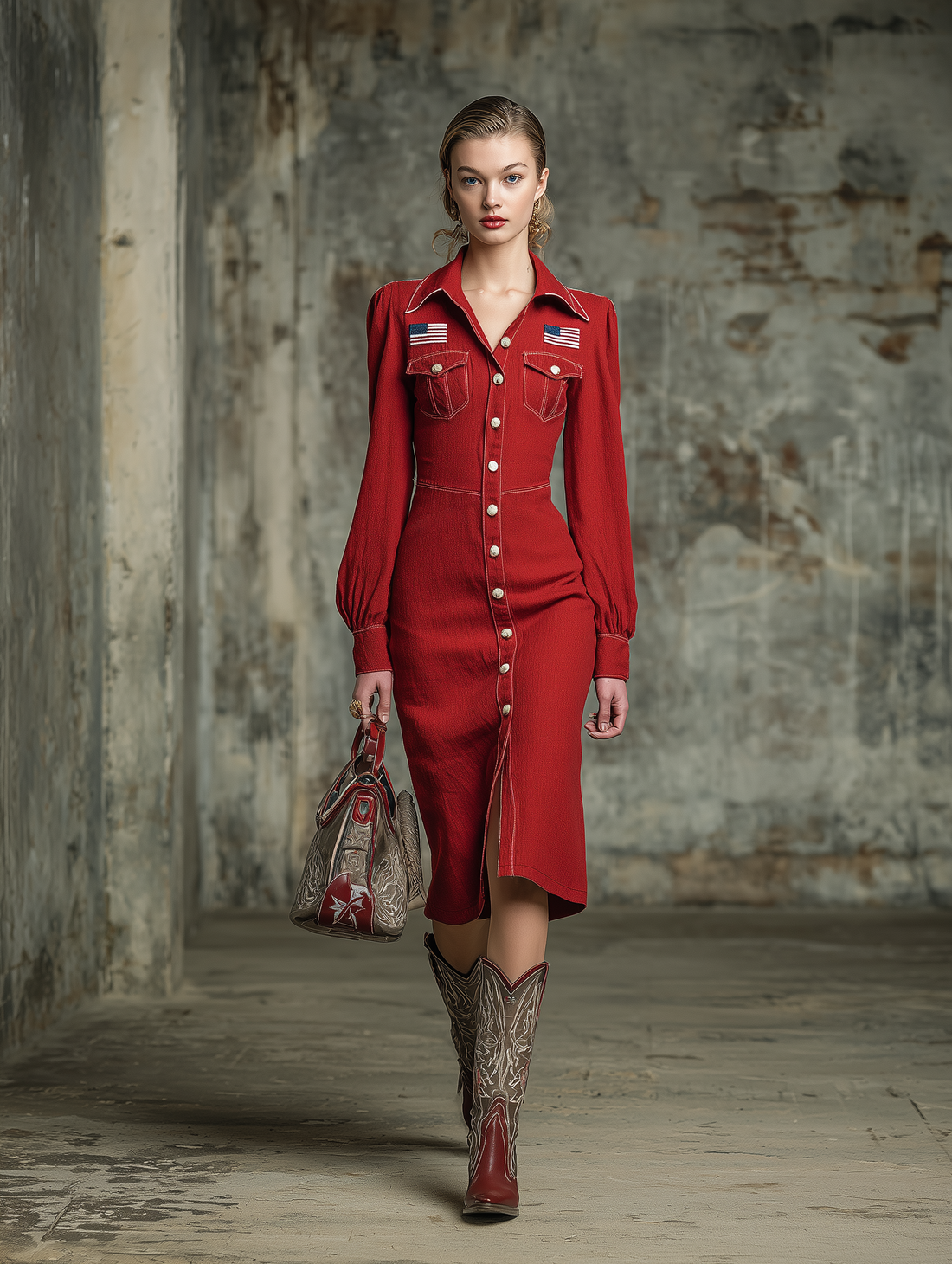 Western-style Red Linen Midi Dress With Button And Embroidery Details.