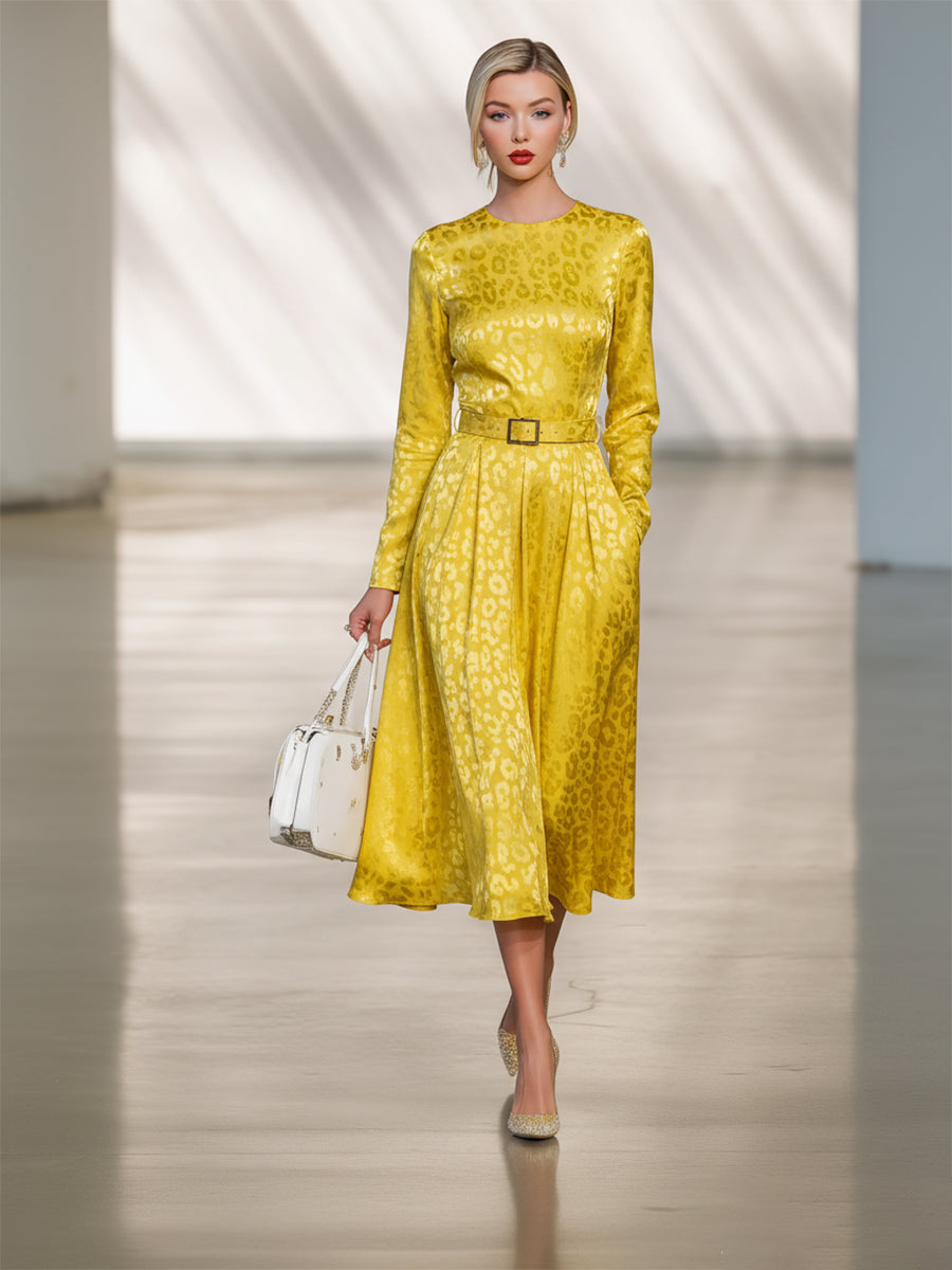 Elegant Yellow Leopard Print Round Neck With Belt Midi Dress