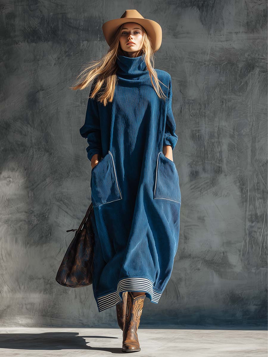 Casual Fashion Vintage High Collar Large Side Pockets Blue Corduroy Midi Dress