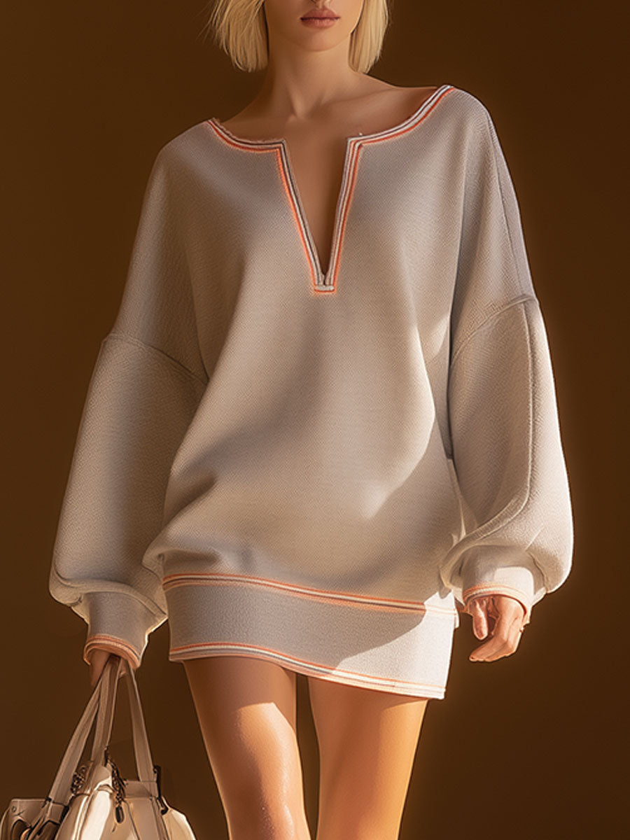 Casual Sporty Grey V-neck Sweatshirt-style Mini Dress