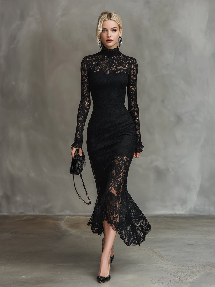 Elegant Party Black Stretch Lace Fishtail Maxi Dress