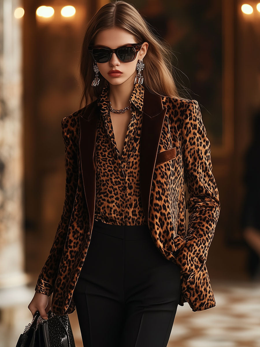 【24-hour shipping out】Casual Loose Retro Velvet Leopard Print Lapel Blazer
