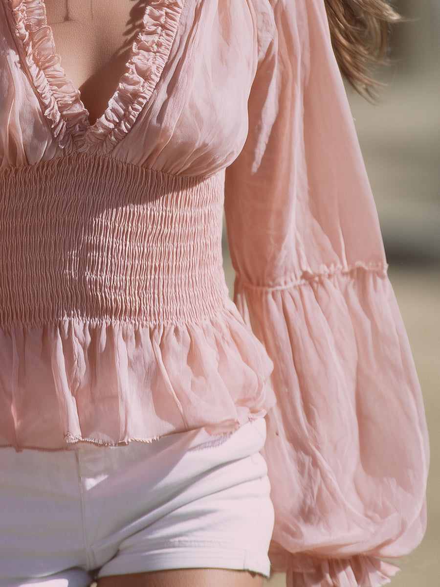 Western-style Pink Chiffon V-neck  With Ruffled Trim And Elasticated Waist  Top