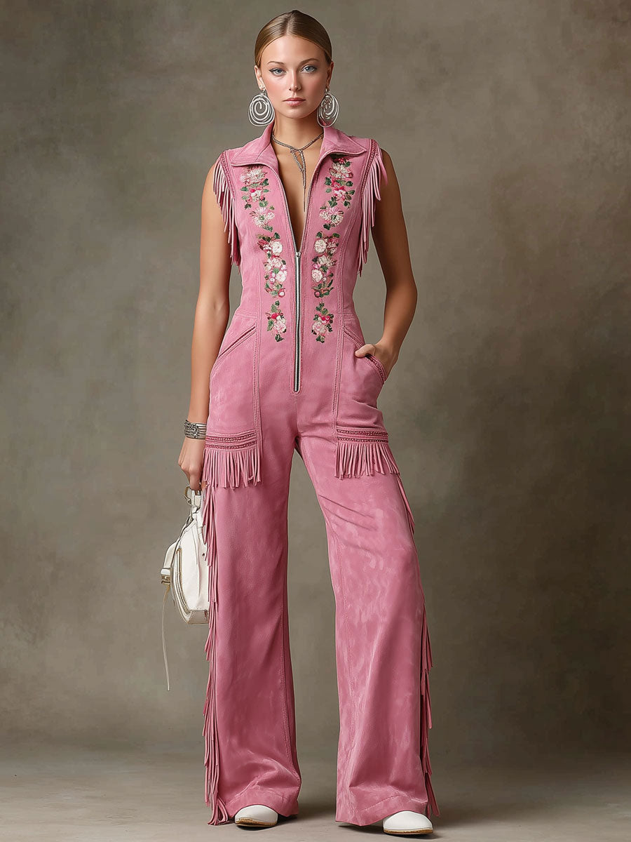 Western-style Retro Floral Embroidered Pink Faux Suede Sleeveless Tassel Jumpsuit