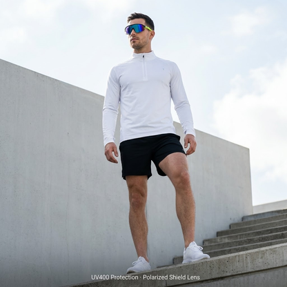 RUNNR Sports Sunglasses — UV400 Protection · Anti-Fog · Mirrored Wraparound Lens