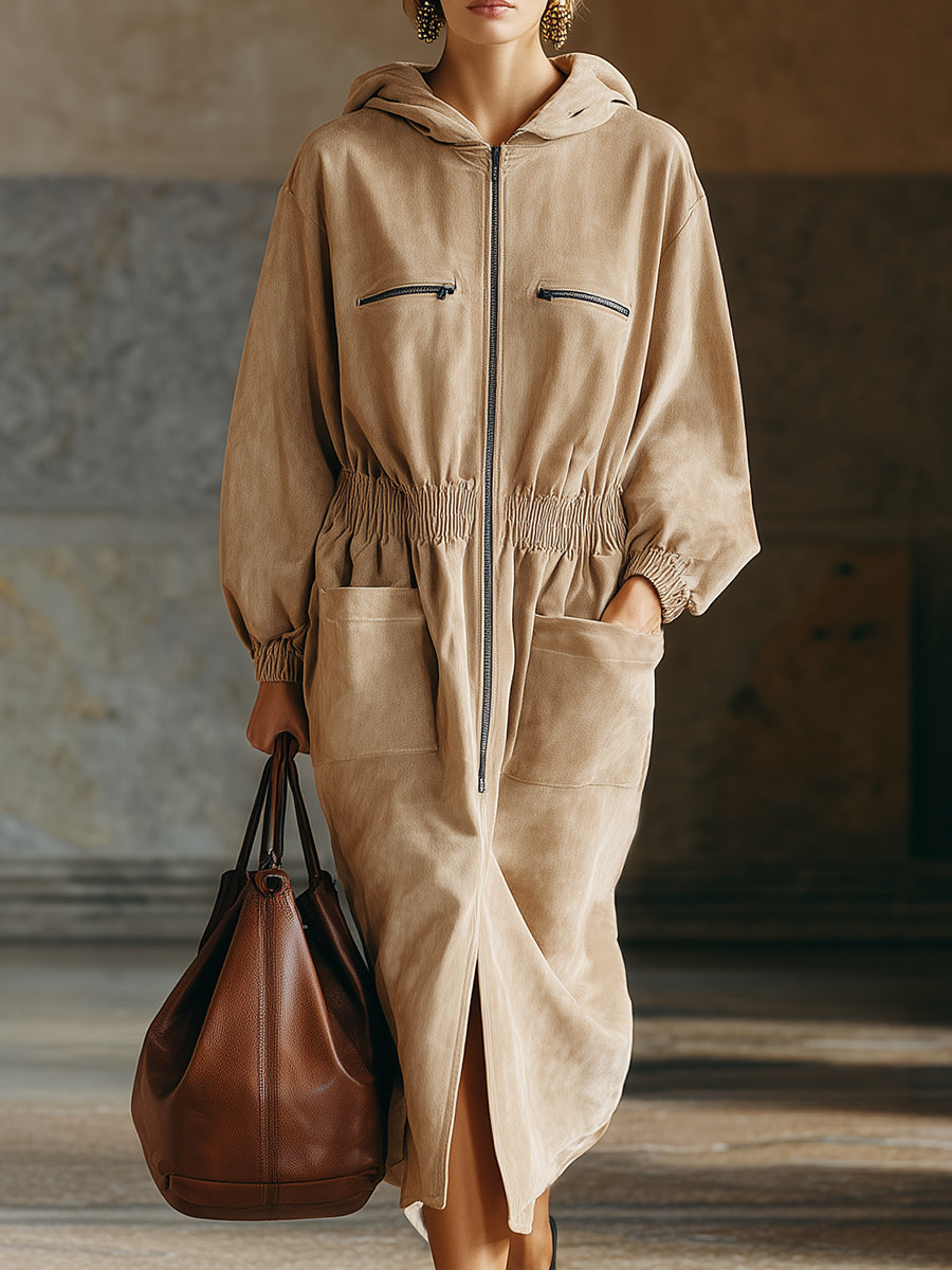 Casual And Stylish Multiple Pockets And Zippe Beige Hooded Midi Dress