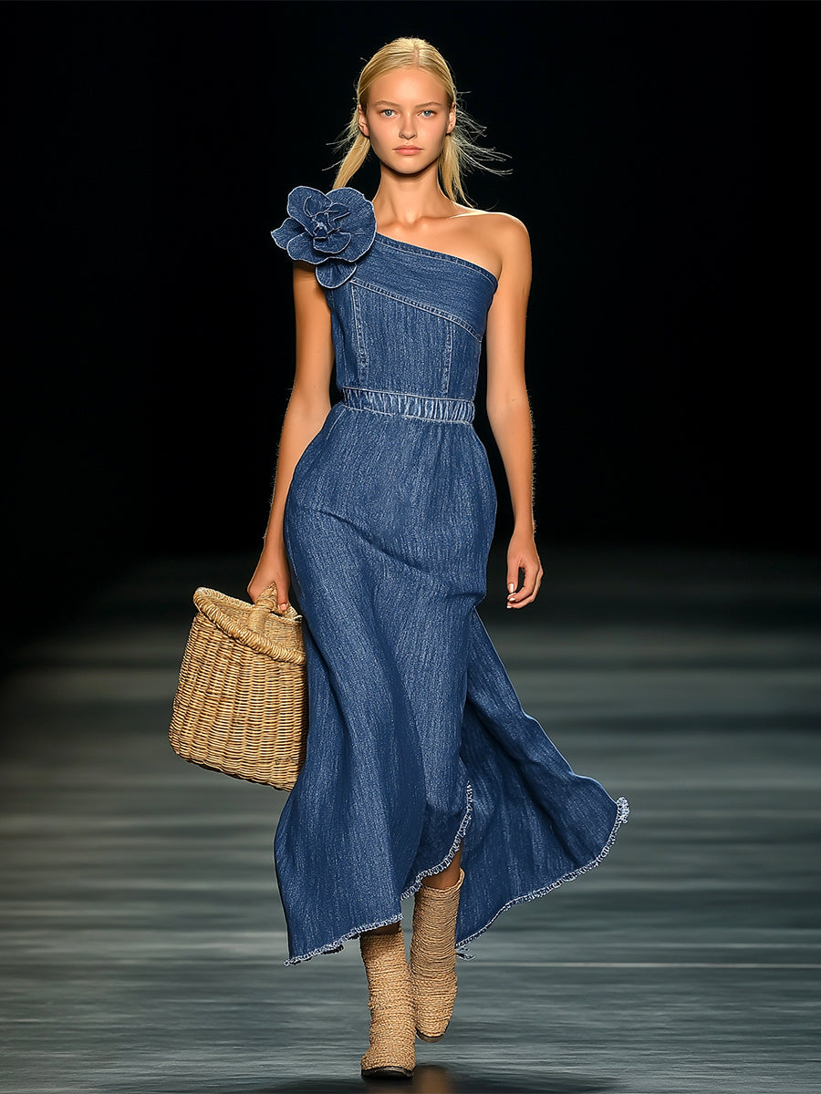 【24-hour shipping out】Elegant Strapless Denim 3D Floral Maxi Dress