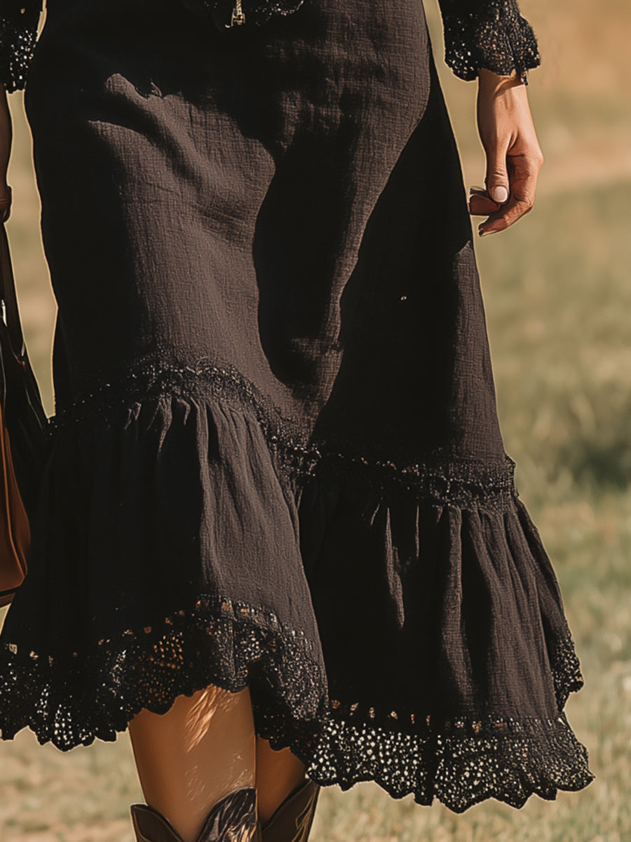 Western-style Black Linen Midi Dress With Lace Patchwork
