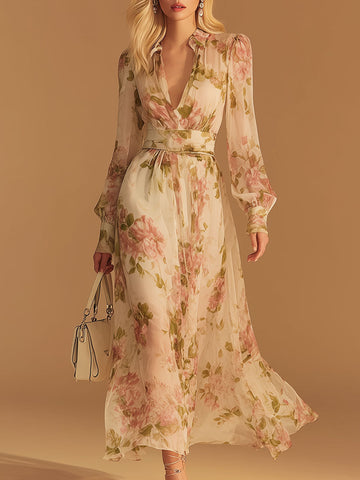 Elegant And Flowing V-neck Red Printed White Chiffon Midi Dress