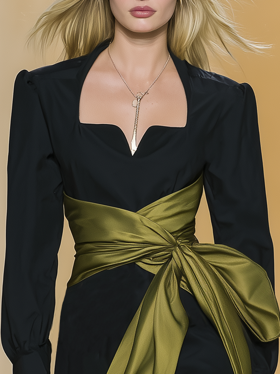 Elegant Vintage-style Square-neck Long-sleeved Mini Dress