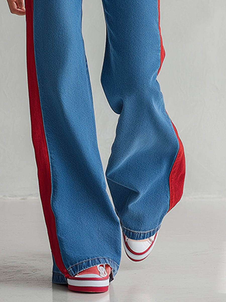 Casual Color-blocked Blue Straight-leg Jeans